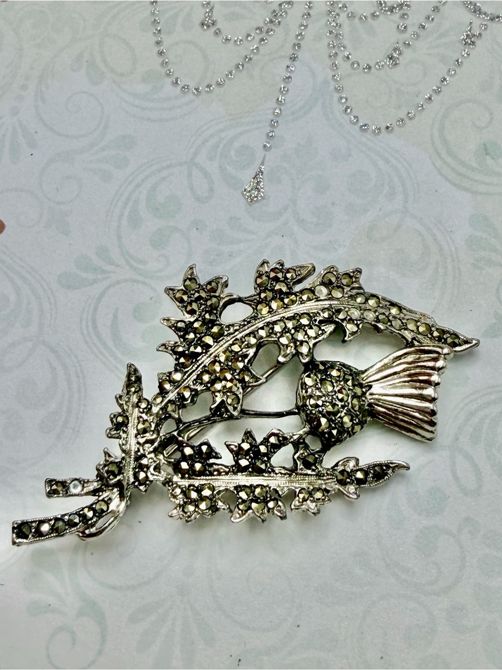 Vintage Silver Marcasite Thistle Brooch #cz592